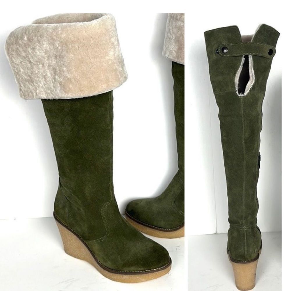 Skinnycalf Italy Olive Suede Shearling Over The Knee Wedge Boots US 8,5-9